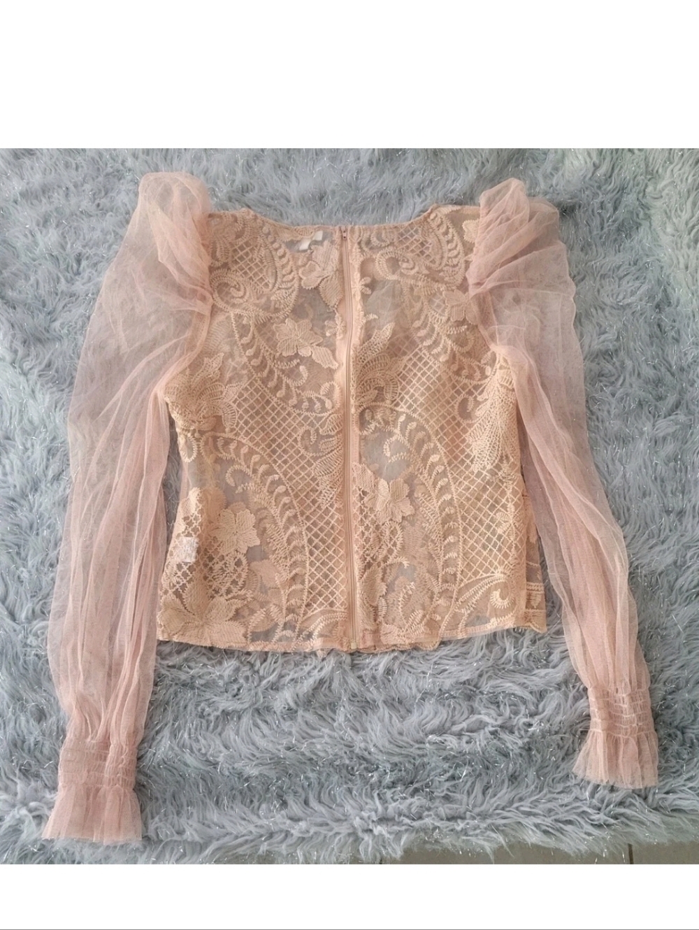 Peach Lace Dramatic Top Embroidered Lace Sheer Bell Sleeve Romantic Goth Boho M - Picture 9 of 10